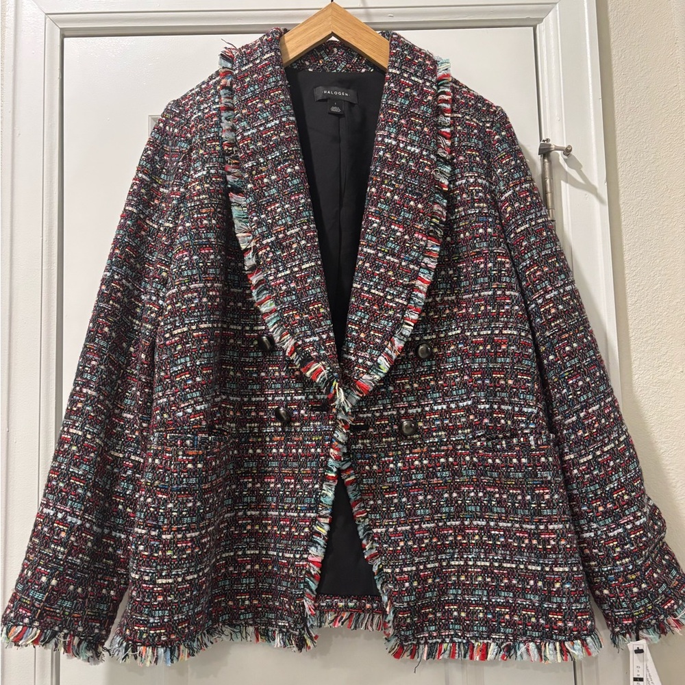 Halogen Black Multicolor Tweed Shawl Collar Fringed Jacket Blazer NWT Size Large - Picture 1 of 5